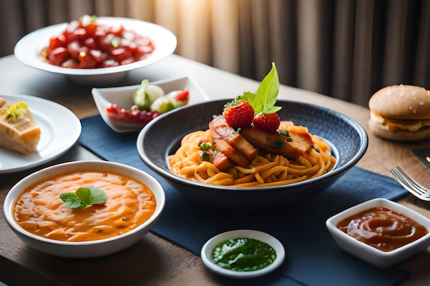 Een tafel vol gerechten waaronder pasta en sauzen