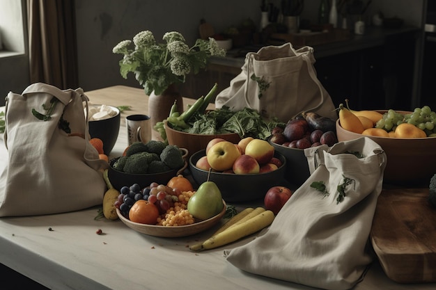 Een tafel vol groente en fruit waaronder een fruitschaal.