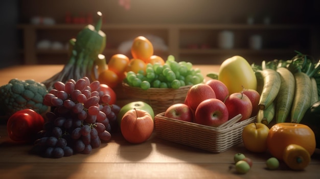 Een tafel vol groenten en fruit met op de achtergrond een fruitmand.