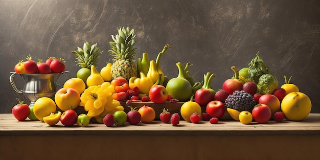 Een tafel vol groenten en fruit.