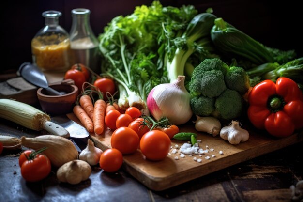 Een tafel vol groenten, waaronder broccoli, wortels, broccoli en andere groenten.