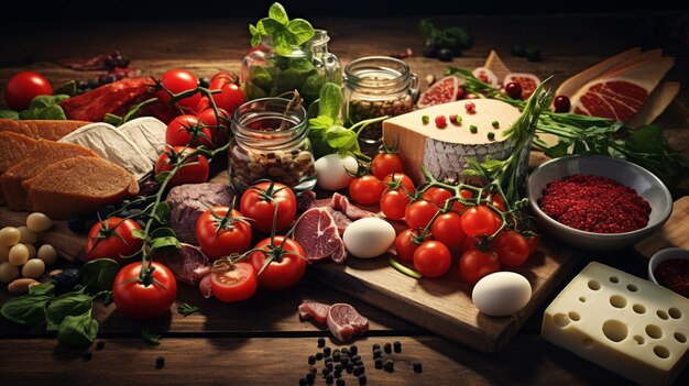 een tafel vol groenten, waaronder tomaten, kaas en eieren