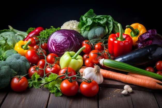 Een tafel vol groenten, waaronder tomaten, wortelen en andere groenten.