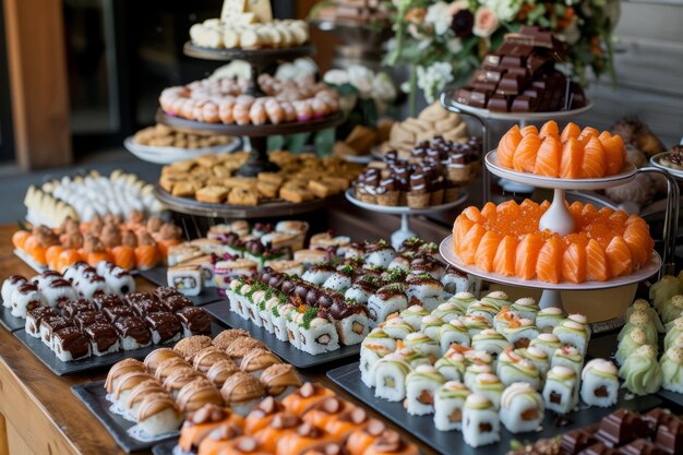 Een tafel vol heerlijk eten, waaronder sushi cakes en chocolade.