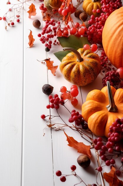 Een tafel vol herfstfruit en bladeren.