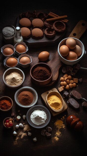 Foto een tafel vol ingrediënten, waaronder eieren, meel en cacaopoeder.