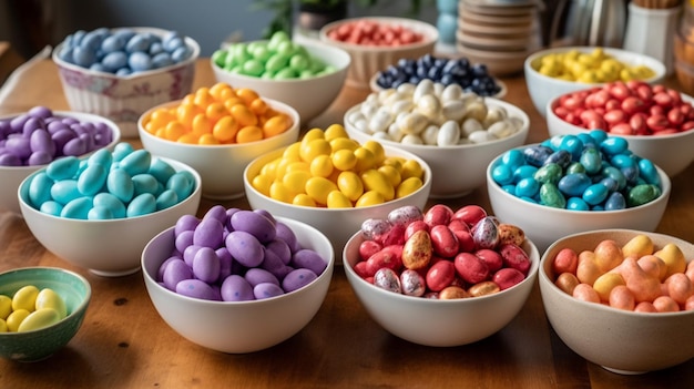 Een tafel vol kleurrijk snoep waaronder een van de vele andere