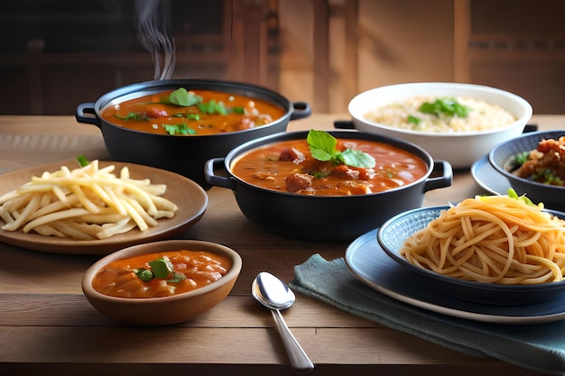 Een tafel vol kommen spaghetti en pasta