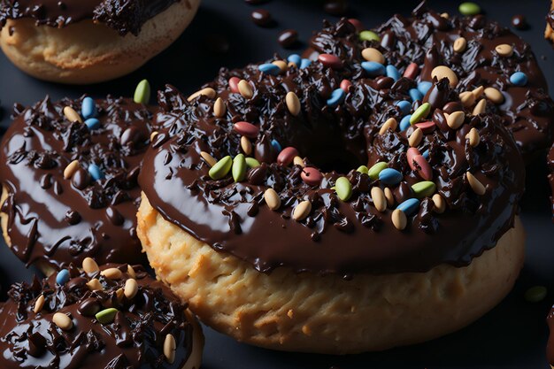 Een tafel vol lekkere donuts met gevarieerd beleg en een onweerstaanbare look die door AI is gegenereerd