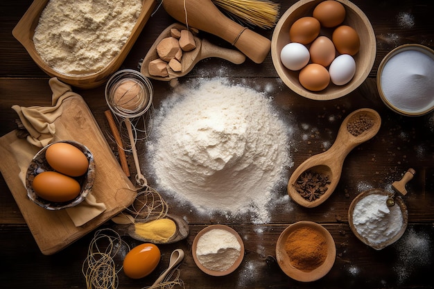 Een tafel vol meel, eieren en andere ingrediënten, waaronder meel.