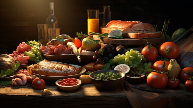 Foto een tafel vol met eten, waaronder een fles wijn een bottel wijn een fles wijn en een fles wijn