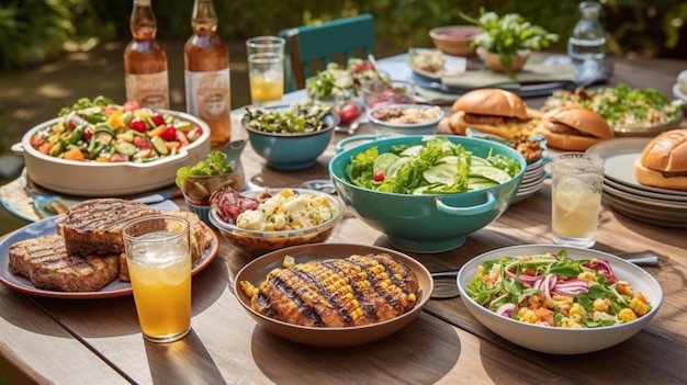 Een tafel vol met eten waaronder een salade, salade en een flesje bier.