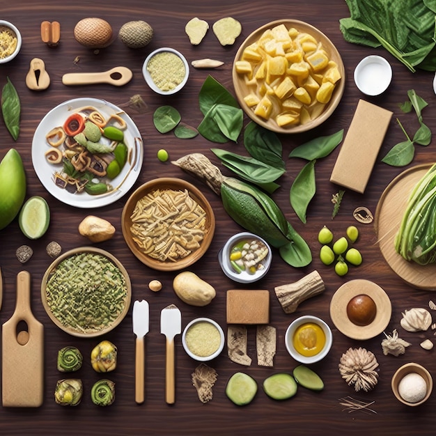 Een tafel vol met eten, waaronder een verscheidenheid aan groenten, waaronder een verscheidenheid aan groenten.