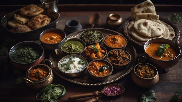 Foto een tafel vol met eten, waaronder een verscheidenheid aan verschillende soorten voedsel.