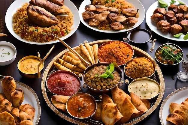 Een tafel vol met eten, waaronder een verscheidenheid aan verschillende soorten voedsel.