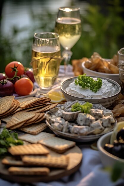 Een tafel vol met eten, waaronder kaas, crackers en een glas bier.