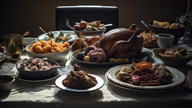 Een tafel vol met eten, waaronder kalkoen, kalkoen en ander eten