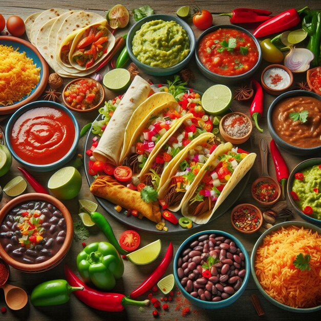 een tafel vol met eten, waaronder salsa salsa en salsa