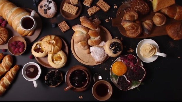 Een tafel vol met verschillende soorten voedsel, waaronder brood, muffins en koffie.