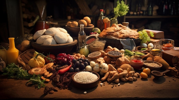 Foto een tafel vol met voedsel, waaronder brood, groenten en specerijen