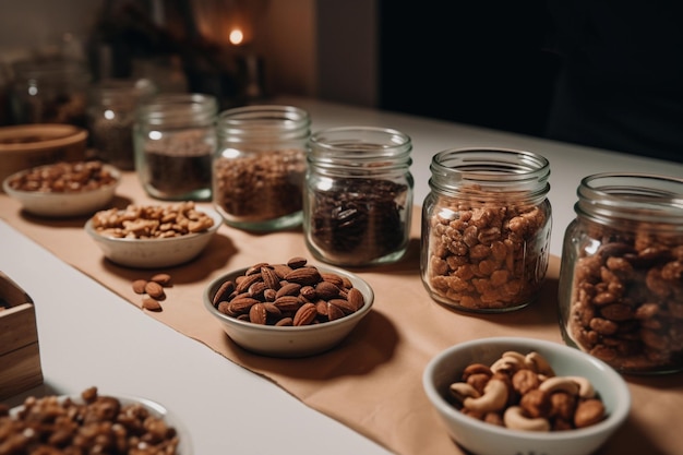 Een tafel vol nootjes en nootjes waaronder nootjes, nootjes en nootjes.