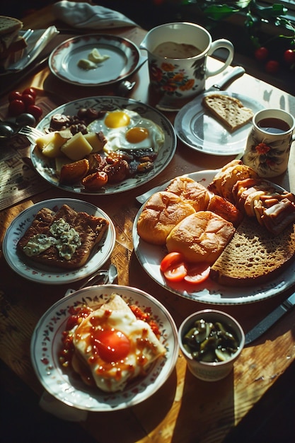 Foto een tafel vol ontbijtvoedsel, waaronder eieren, brood en toast