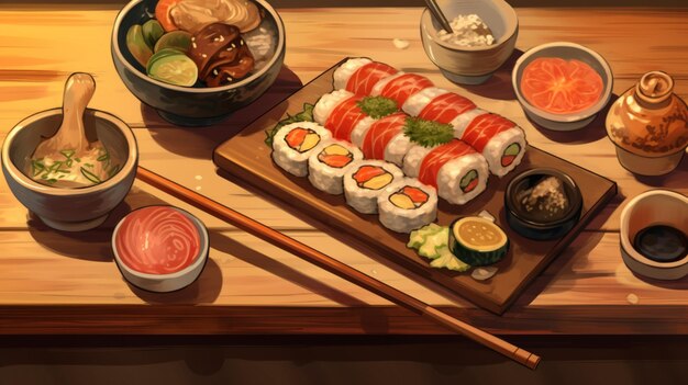 Een tafel vol sushi en ander eten