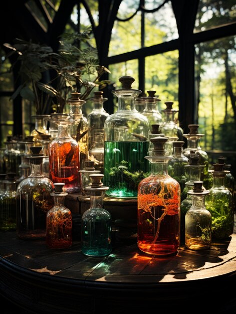 Een tafel vol testbuizen een betoverend tafereel met een overvloedige verzameling weelderige planten gehuisvest in een reeks van prachtige glazen vaten bovenop een prachtig versierde tafel