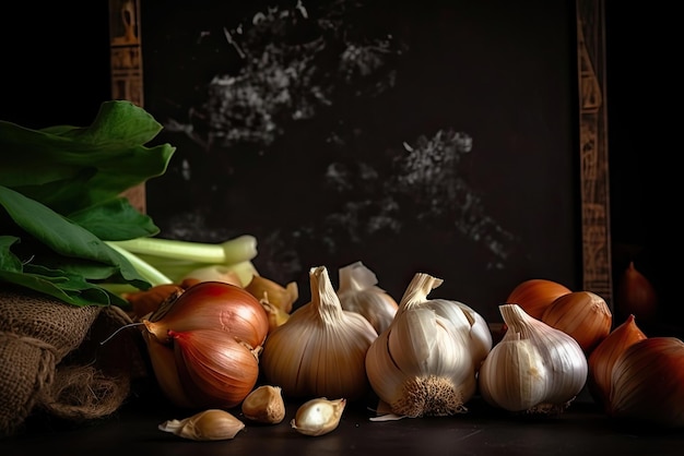 Een tafel vol uien en knoflook