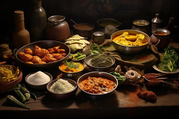 een tafel vol voedsel, waaronder rijst, groenten en rijst.