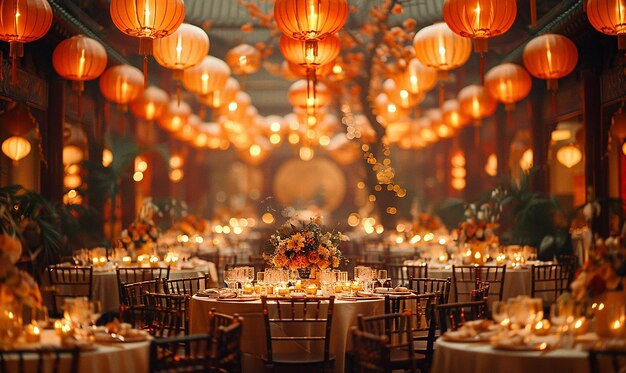 een tafel voor een bruiloft met oranje lantaarns en een grote tafel met oranje bloemen