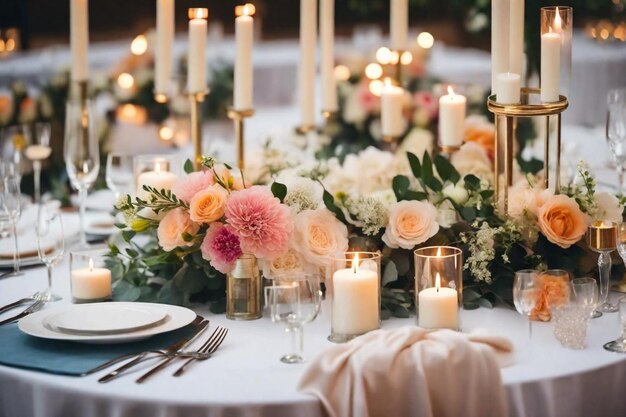 Foto een tafel voor een bruiloftsreceptie met kaarsen en bloemen