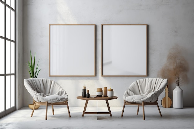 Een tafel voor een muur met een frame erop Minimalistische compositie voor interieurontwerp Generatieve AI