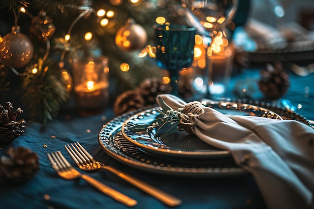 Een tafel voor het kerstdiner met een blauwe servet en een groene boog