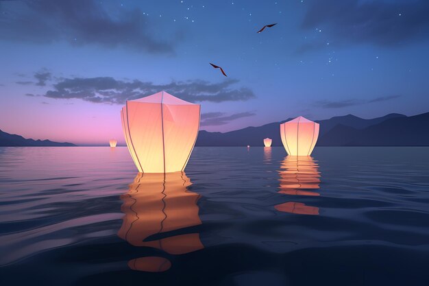 Een tafereel van lantaarns die in het water drijven met de lucht op de achtergrond.