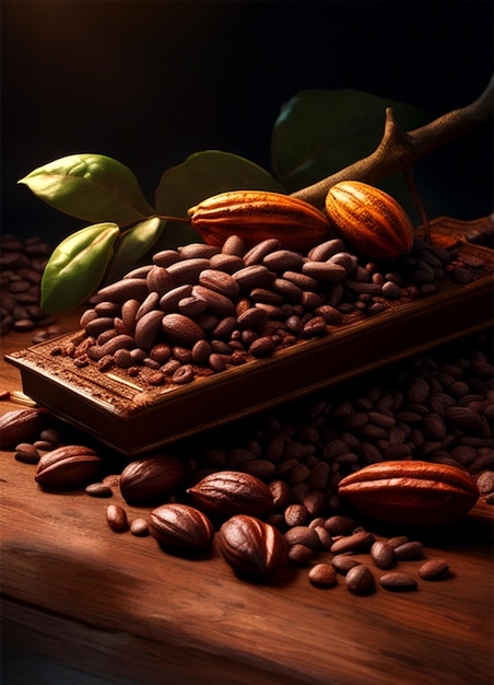 Een tak cacao met bonen en bladeren ligt op een houten tafel. Verticale afbeelding AI gegenereerd