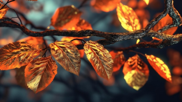 Een tak met bladeren waarop het woord herfst staat