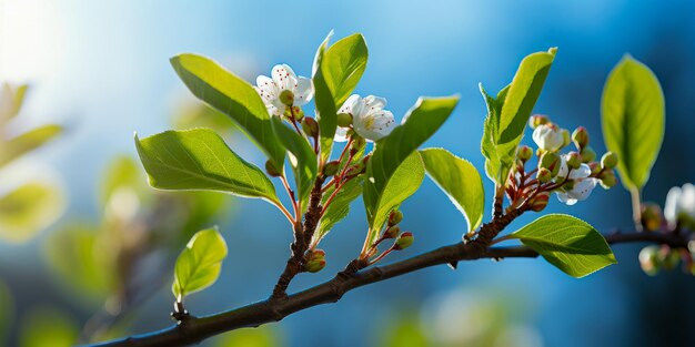 Foto een tak met groene bladeren en witte bloemen