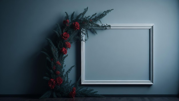 Een tak met rode bloemen en een leeg frame op een blauwe muur