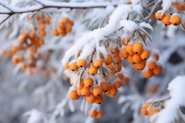 Een tak van een boom bedekt met sneeuw met oranje bessen.