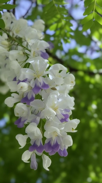 Een tak van een boom met paarse bloemen