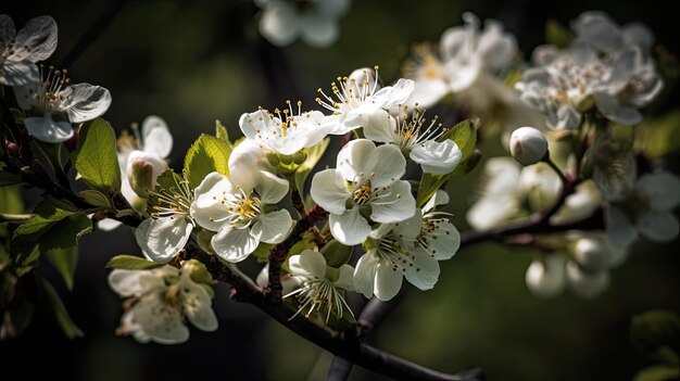 Een tak van een boom met witte bloemen en groene bladeren