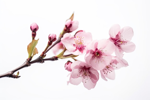 Een tak van een kersenboom met roze bloemen op de achtergrond.