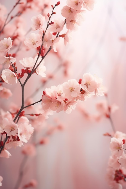 een tak van een kersenboom met roze bloemen.