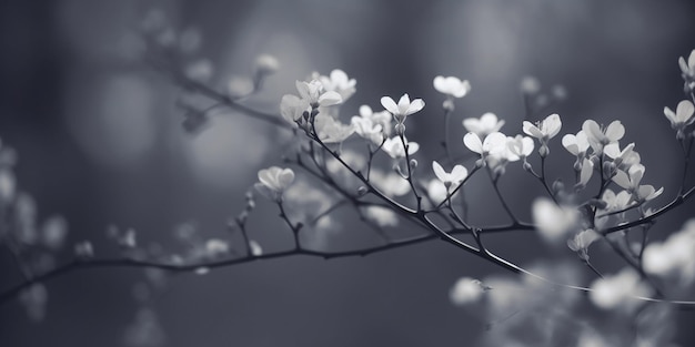 Een tak van een plant met witte bloemen