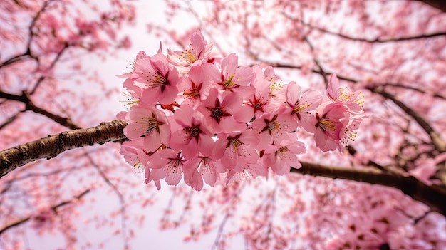 Een tak van kersenbloesems met roze bloemen