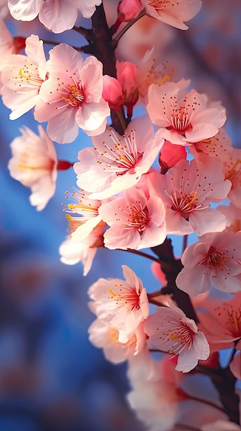 Een tak van kersenbloesems met roze bloemen