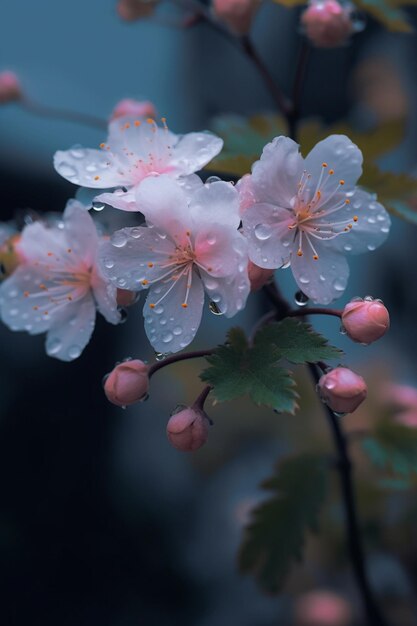 Een tak van kersenbloesems met roze bloemen