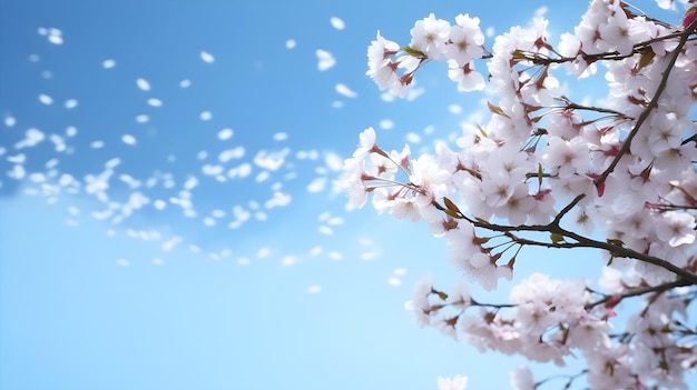Een tak van kersenbloesems tegen een blauwe hemel