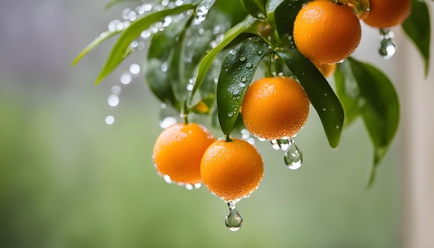 een tak van sinaasappels met waterdruppels erop en een groene achtergrond